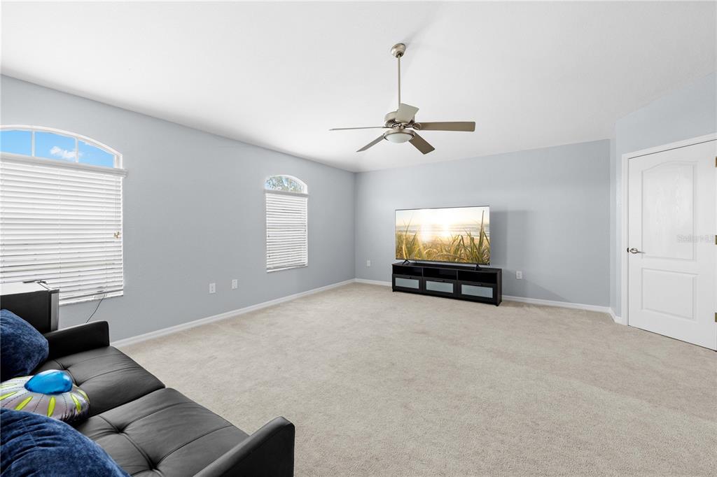 A living room with light blue walls, beige carpet, a ceiling fan, and a television — 3540 MOONDANCE CIRCLE, BROOKSVILLE, FL
