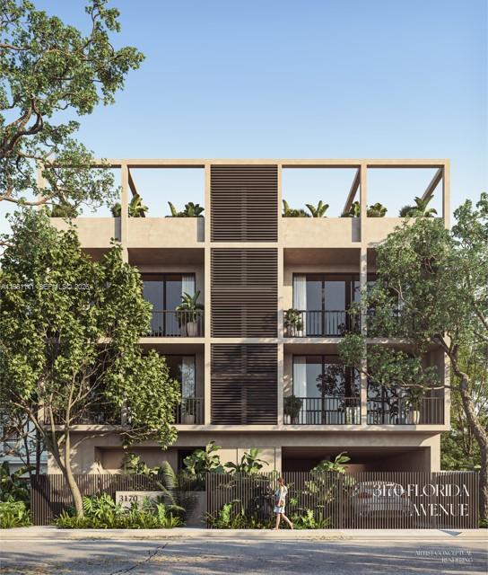 This is an architectural rendering of a modern four-story residential building with a slatted facade — 3170 Florida Ave, Miami FL 33133, MIAMI, FL