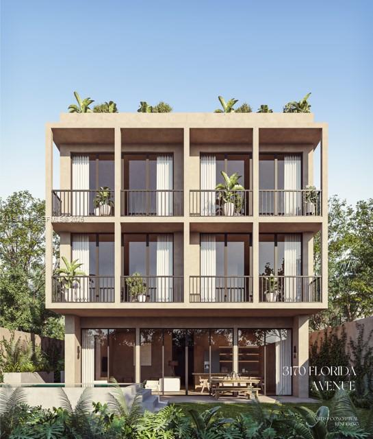 This is a rendering of a three-story modern residential building with balconies and lush landscaping — 3170 Florida Ave, Miami FL 33133, MIAMI, FL