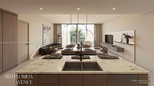 This is a rendering of a modern open-concept kitchen and dining area with marble countertops — 3170 Florida Ave, Miami FL 33133, MIAMI, FL