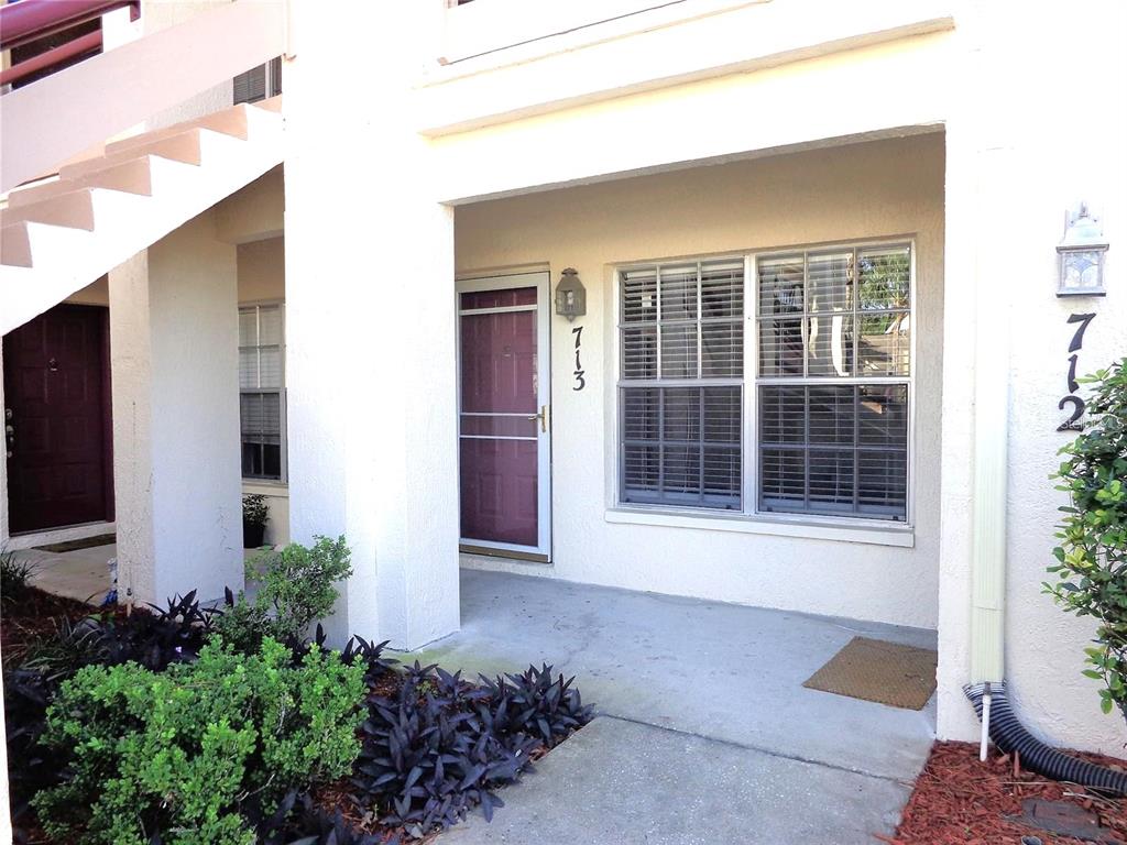 The exterior view shows a ground-level apartment entrance with a concrete porch and stairs — 7910 HARDWICK DRIVE UNIT 713, NEW PORT RICHEY, FL