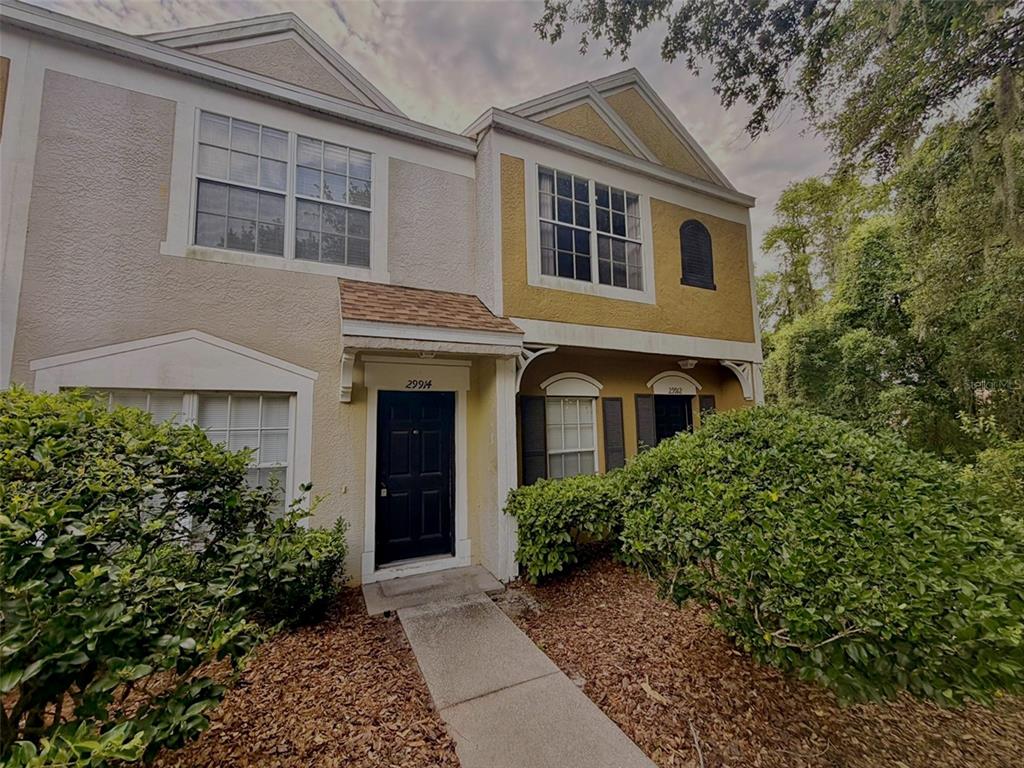 A two-story townhouse exterior features a black front door, tan stucco walls, and landscaping — 29912 ALTA VITA LANE, WESLEY CHAPEL, FL