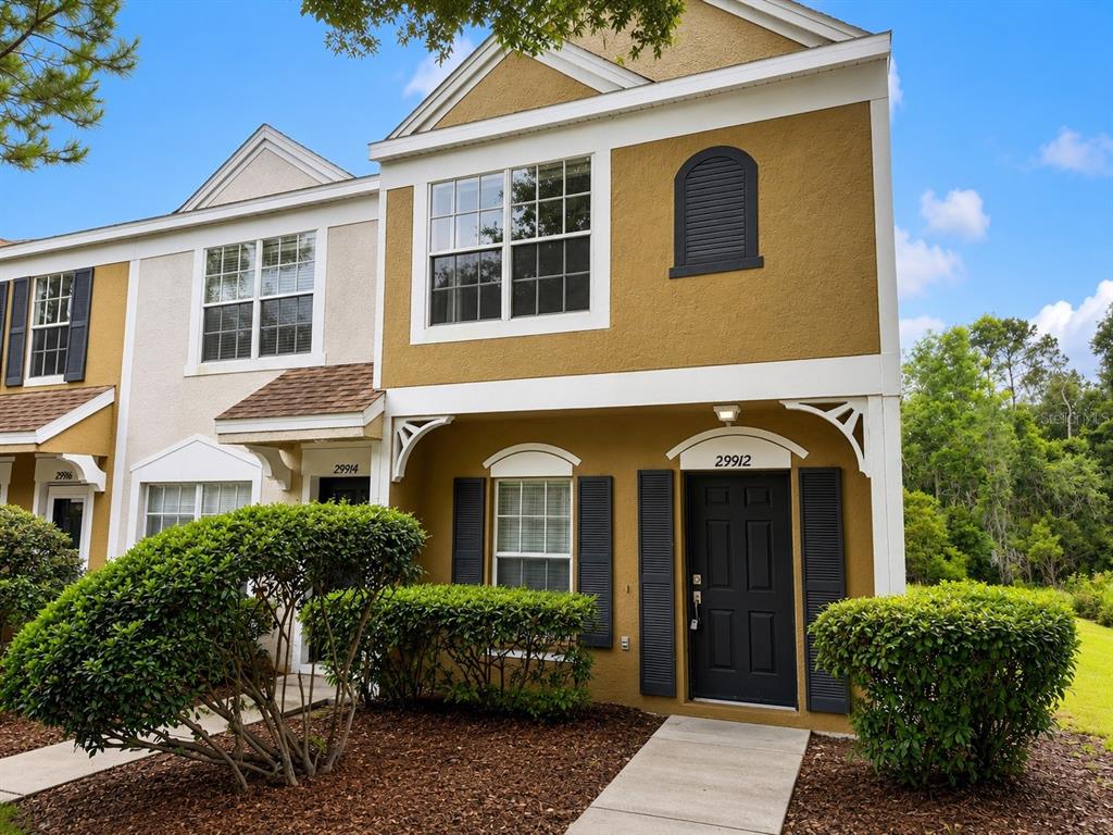 A two-story townhouse exterior with tan stucco, black shutters, and a dark front door — 29912 ALTA VITA LANE, WESLEY CHAPEL, FL
