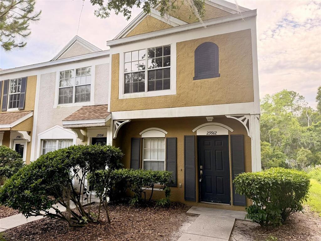 A two-story townhouse exterior features tan stucco walls, dark shutters, and a black front door — 29912 ALTA VITA LANE, WESLEY CHAPEL, FL