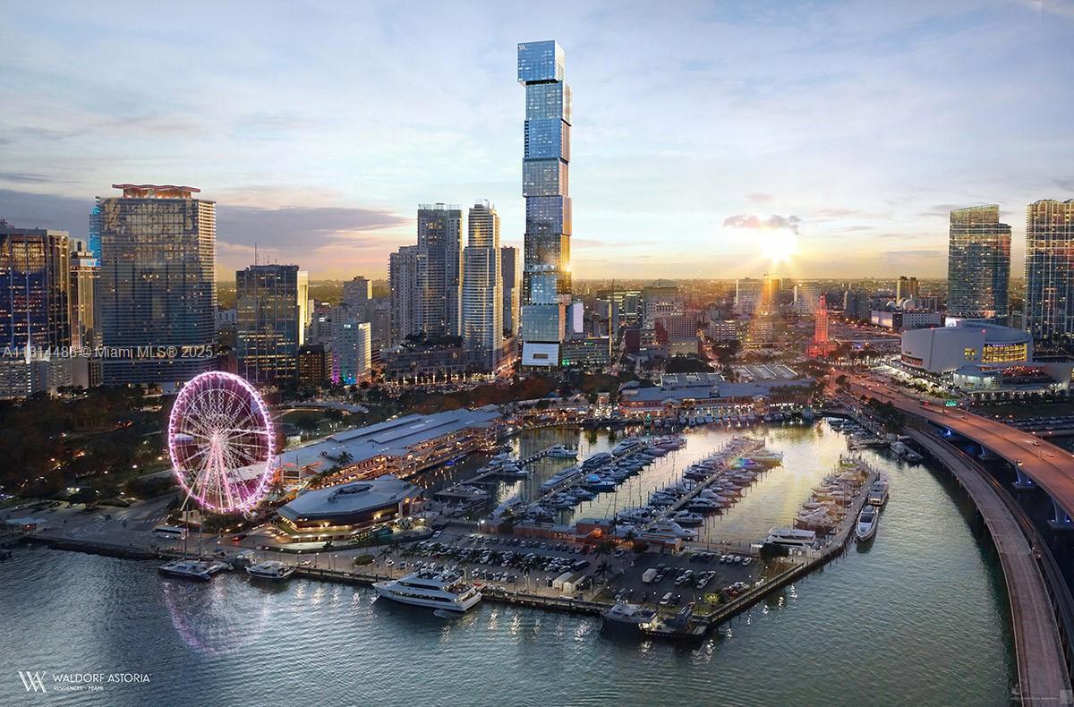 This architectural rendering shows a tall, stacked skyscraper overlooking a marina and city skyline — 300 N Biscayne Blvd. # 8502, Miami FL 33132, MIAMI, FL