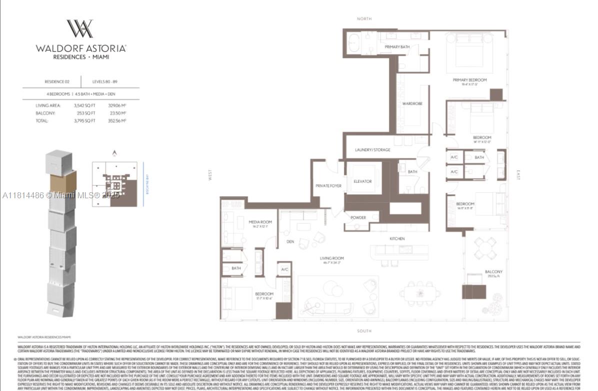 This is a floor plan for a four-bedroom luxury residence at Waldorf Astoria Miami — 300 N Biscayne Blvd. # 8502, Miami FL 33132, MIAMI, FL