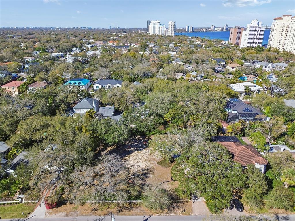 An aerial view shows a vacant, tree-filled residential lot situated between two houses — 3015 W FAIR OAKS AVENUE, TAMPA, FL