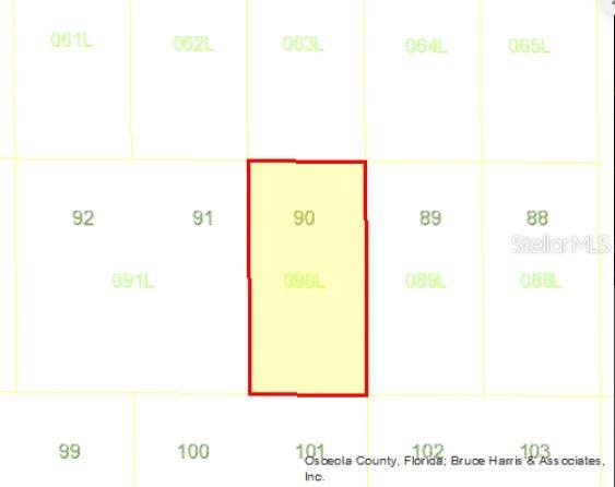 This is a plat map showing a highlighted rectangular parcel of land labeled number 90 — HOLOPAW GROVES ROAD, ST CLOUD, FL
