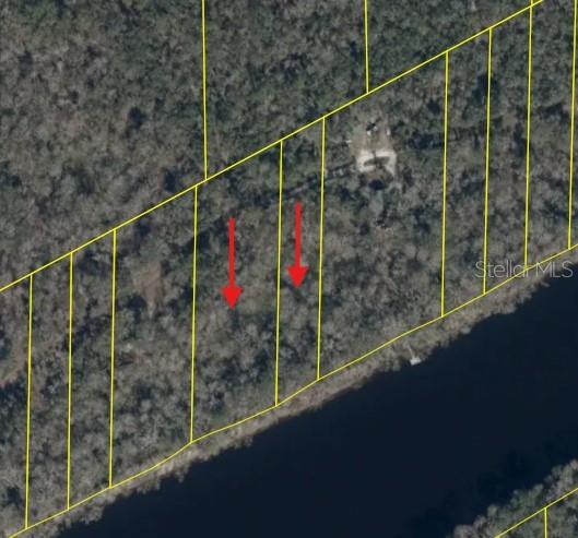 An aerial view shows several wooded waterfront lots outlined in yellow with red arrows — 893 NE 930 STREET, CROSS CITY, FL