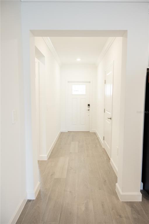 A bright hallway with light wood-look tile flooring leads to a white front door — 17523 HOLLY WELL AVENUE, WIMAUMA, FL