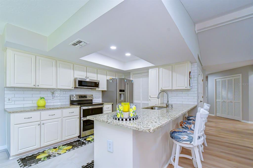 A kitchen features white cabinets, granite countertops, stainless steel appliances, and a breakfast bar — 8935 RUGER DRIVE, NEW PORT RICHEY, FL