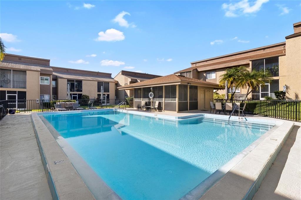 A rectangular swimming pool sits in a courtyard surrounded by multi-story apartment buildings — 1589 GREENLEA DRIVE UNIT 3, CLEARWATER, FL
