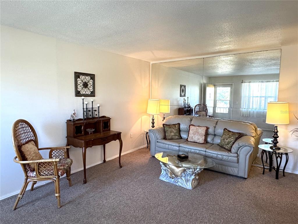 A living room features a leather sofa, a wicker chair, and a large mirrored wall — 4480 IRONWOOD CIRCLE UNIT 308A, BRADENTON, FL