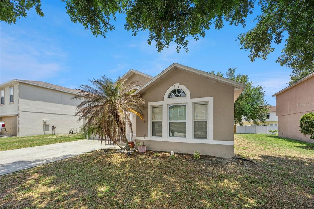 A tan single-story house with a palm tree in the front yard under a blue sky — 1871 EMILY DRIVE, WINTER HAVEN, FL