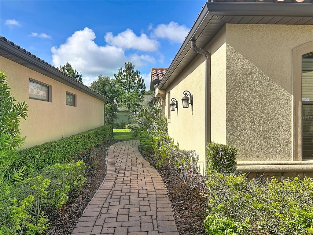 A paved walkway leads between two stucco houses with tiled roofs and wall-mounted lanterns — 8335 ALBERATA VISTA DRIVE, TAMPA, FL