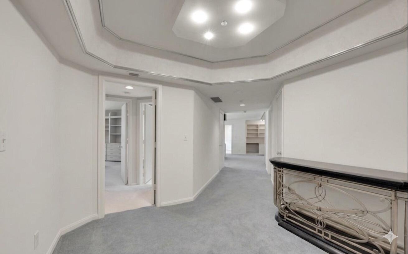A hallway with gray carpeting, white walls, a tray ceiling, and a decorative metal console — 3170 S Ocean Boulevard # 201n, Palm Beach FL 33480, PALM BEACH, FL