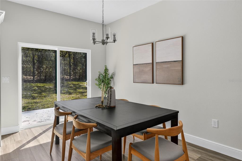 A dining room features a black table, wooden chairs, a chandelier, and sliding glass doors — 10707 N HATARI DRIVE, CITRUS SPRINGS, FL