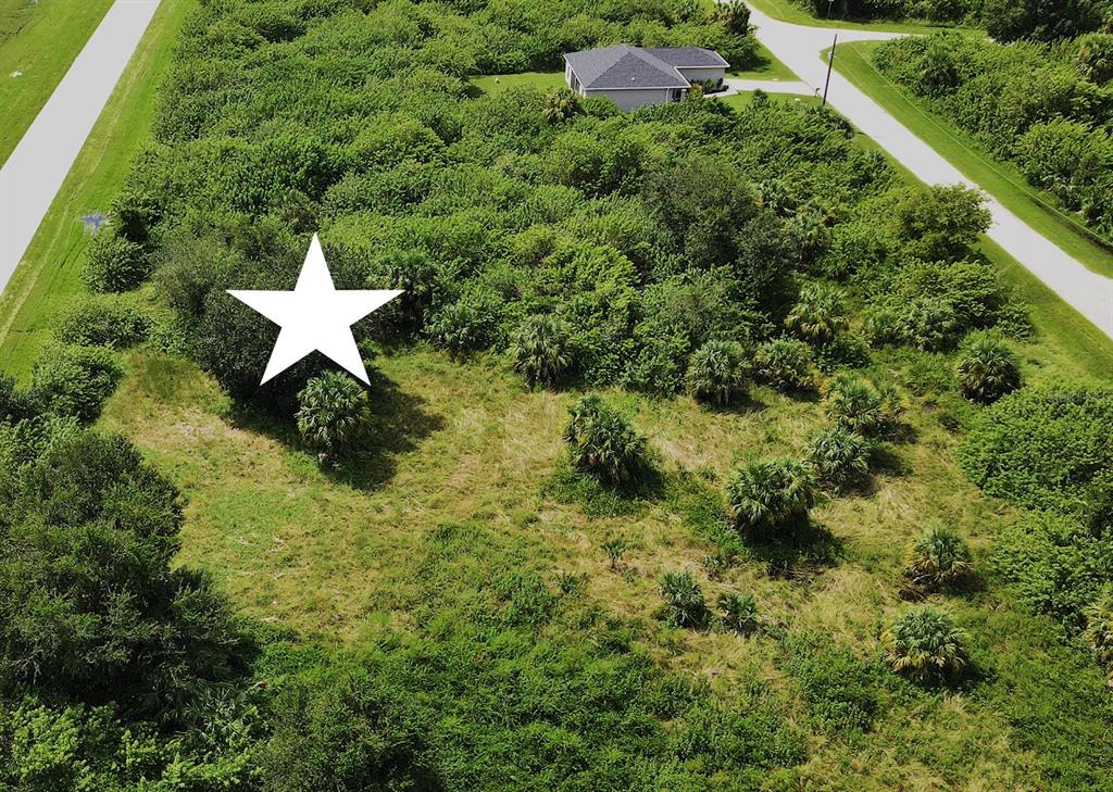 An aerial view shows a vacant, overgrown lot with a white star and nearby house — 19932 KENILWORTH BOULEVARD, PORT CHARLOTTE, FL