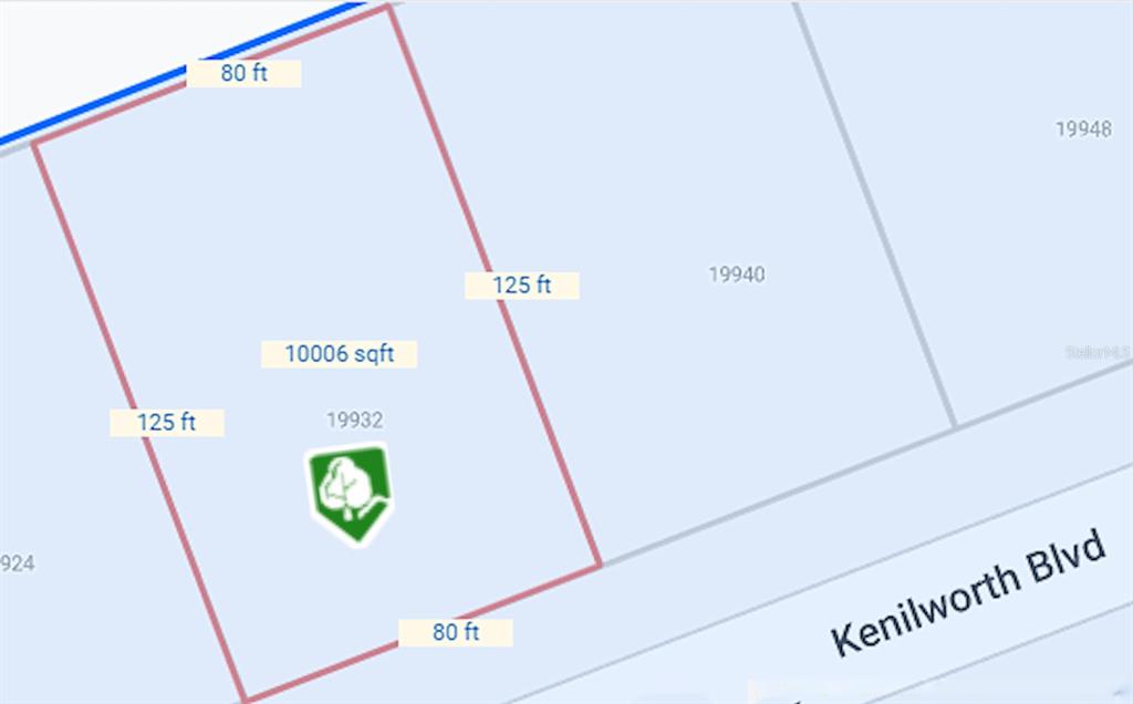 This is a map showing the dimensions and square footage of a rectangular residential lot — 19932 KENILWORTH BOULEVARD, PORT CHARLOTTE, FL
