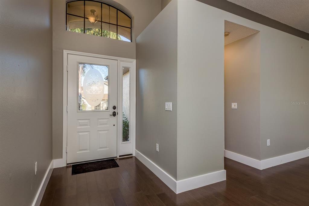 An entryway features dark wood flooring, a white front door, and a high arched window — 9326 PALM HAVEN COURT, NEW PORT RICHEY, FL