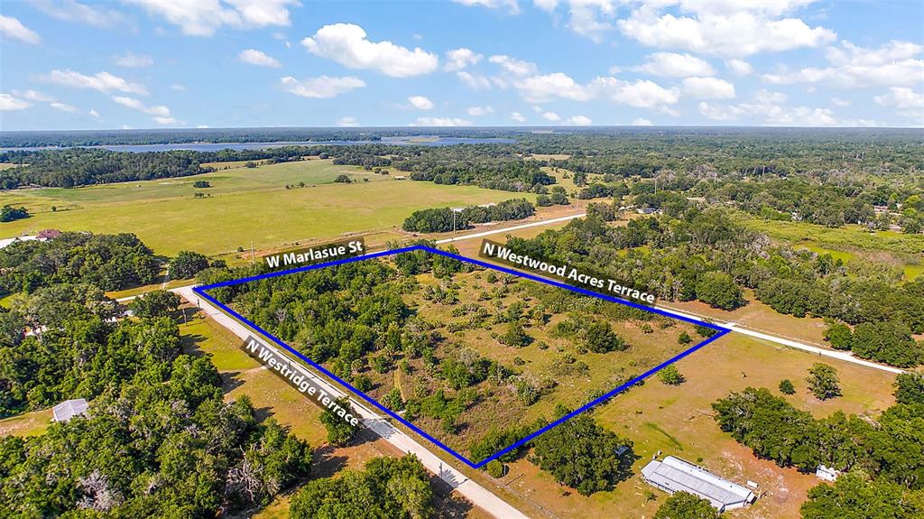 An aerial view shows a vacant, rectangular plot of land outlined in blue near roads — 9807 N WESTRIDGE TERRACE, CRYSTAL RIVER, FL