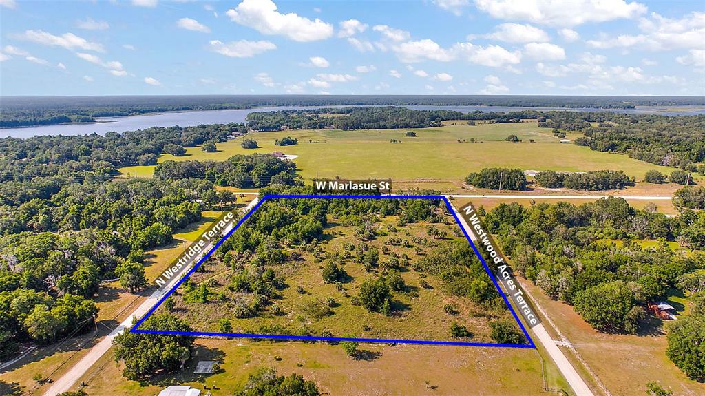 An aerial view shows a rectangular vacant lot outlined in blue between two paved roads — 9807 N WESTRIDGE TERRACE, CRYSTAL RIVER, FL