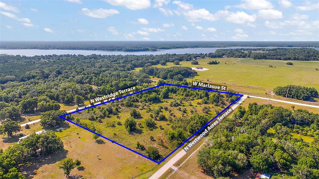 An aerial view shows a vacant, grassy lot outlined in blue at a road intersection — 9807 N WESTRIDGE TERRACE, CRYSTAL RIVER, FL