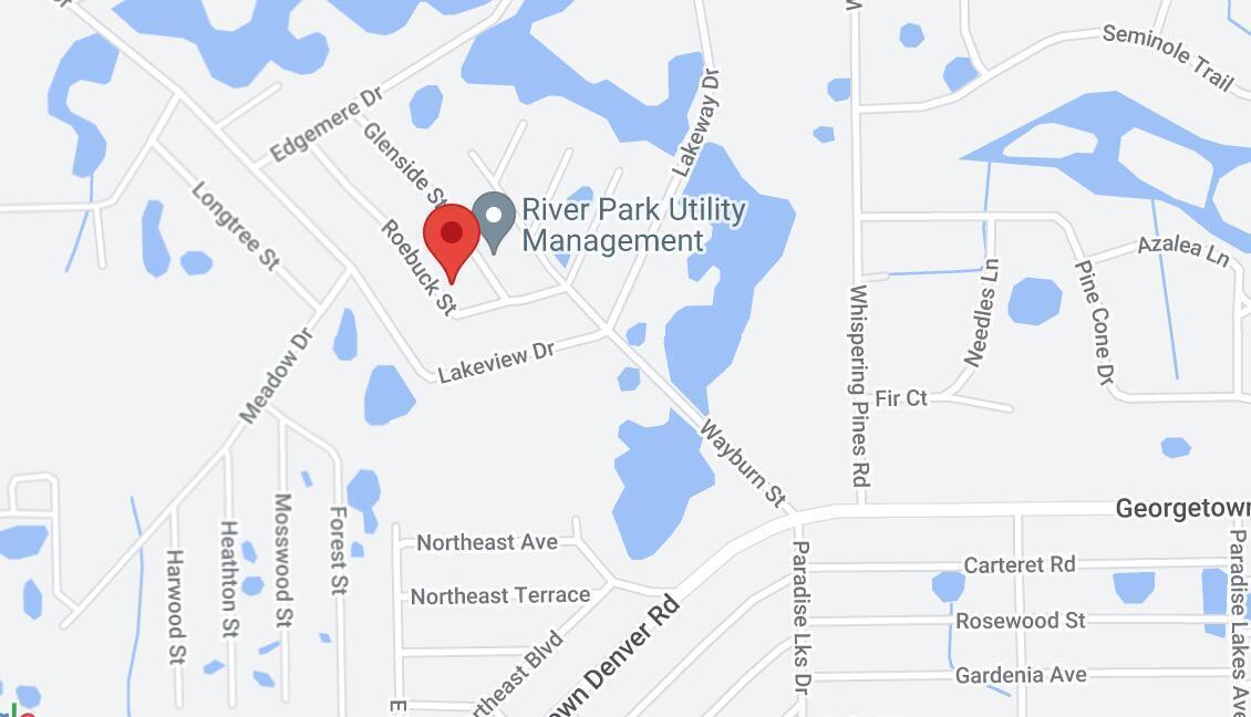 This is a map showing streets and water features in a residential area — 124 Roebuck Street, FL 32139, FL