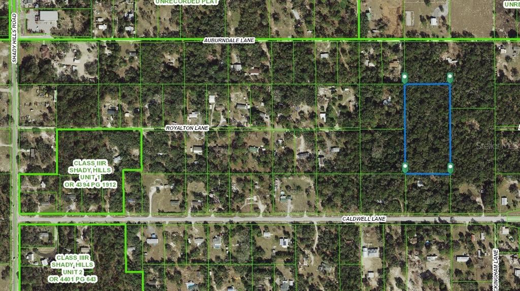 This is a satellite map view showing a rectangular parcel of land outlined in blue — ROYALTON LANE, SPRING HILL, FL