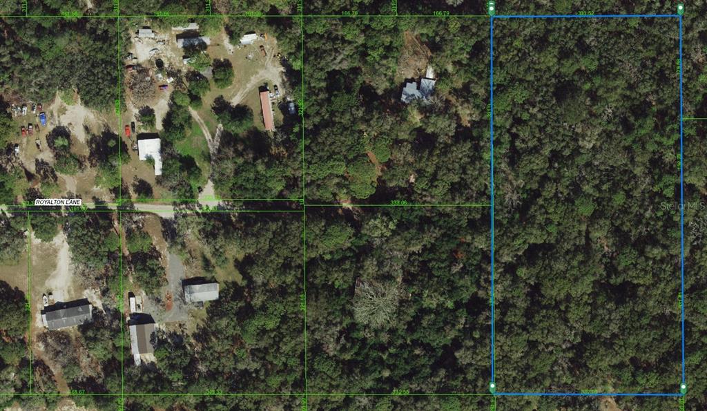 An aerial map shows a rectangular plot of land outlined in blue amidst wooded terrain — ROYALTON LANE, SPRING HILL, FL