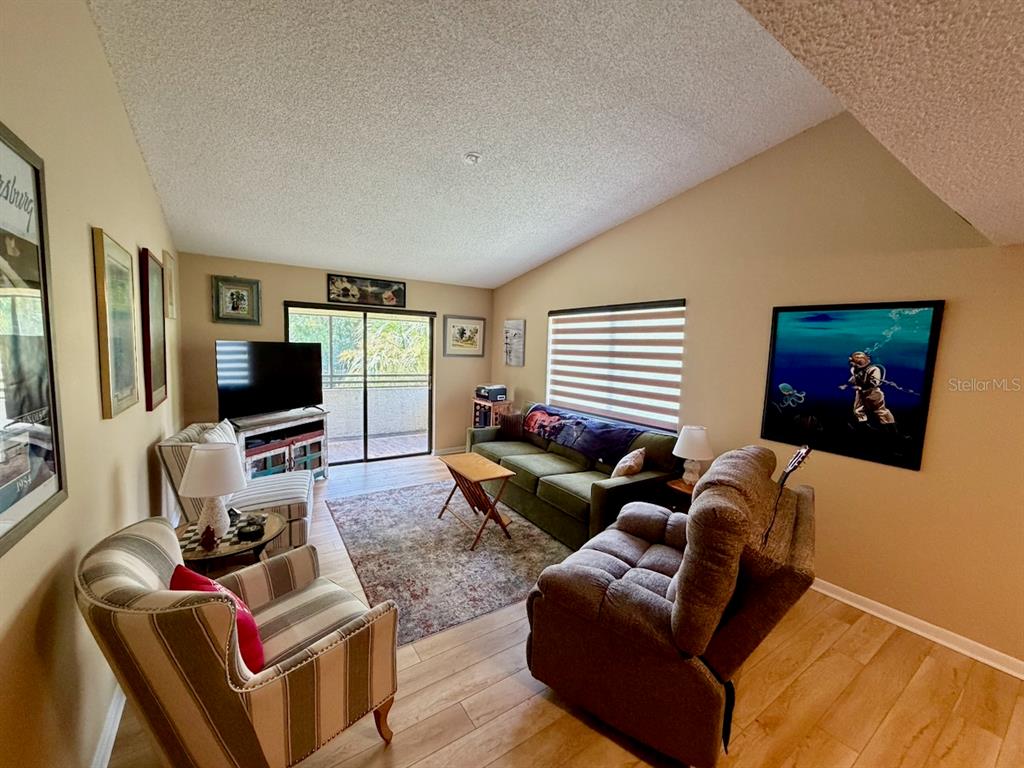 A living room features a green sofa, striped armchairs, a recliner, and a sliding glass door — 13604 S VILLAGE DRIVE UNIT 314, TAMPA, FL