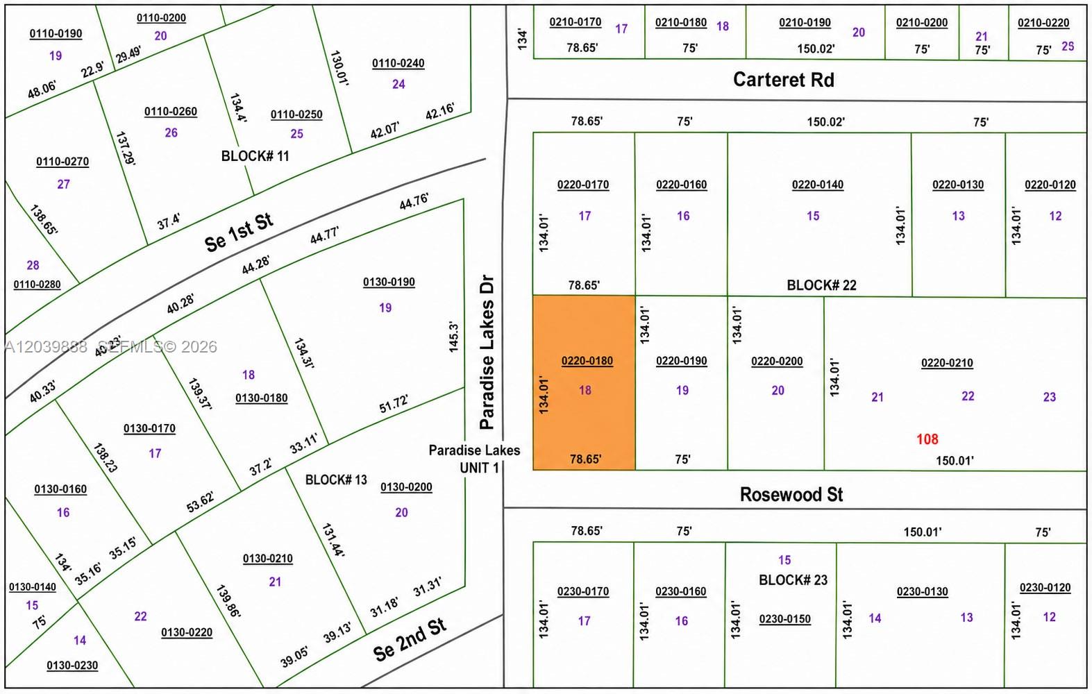 This is a plat map showing property lot lines, block numbers, and street names — OTHER CITY - IN THE STATE OF FLORIDA, FL