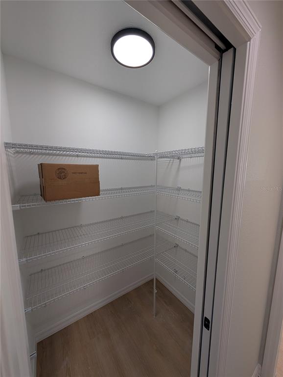 A walk-in pantry features white wire shelving, light wood-look flooring, and a ceiling-mounted light fixture — 4244 SW 157TH COURT SW, OCALA, FL