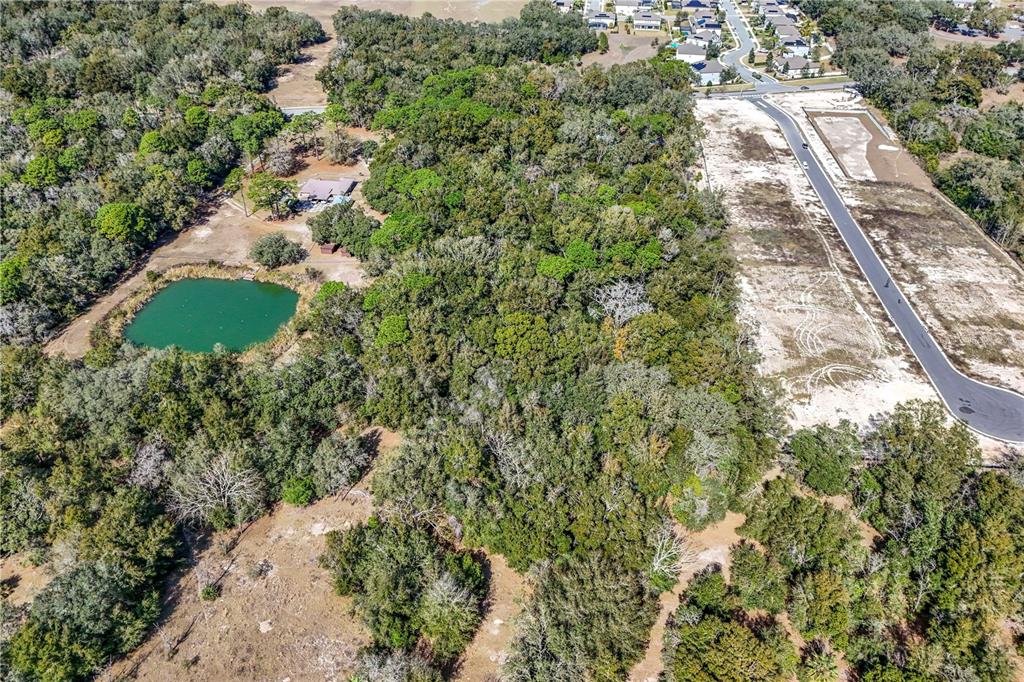 An aerial view shows a wooded lot with a pond, a house, and adjacent road construction — 344 W PONKAN ROAD, APOPKA, FL