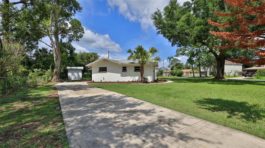 A white single-story house with a concrete driveway and a palm tree in the yard — 2212 WOODLAND DRIVE, EDGEWATER, FL