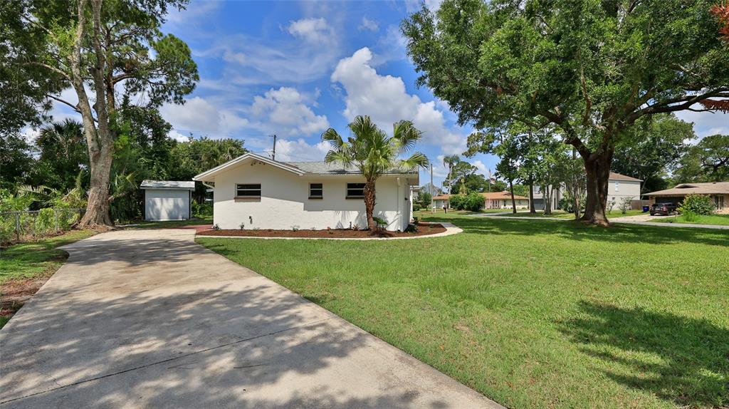 A white single-story house with a concrete driveway and a palm tree in the yard — 2212 WOODLAND DRIVE, EDGEWATER, FL