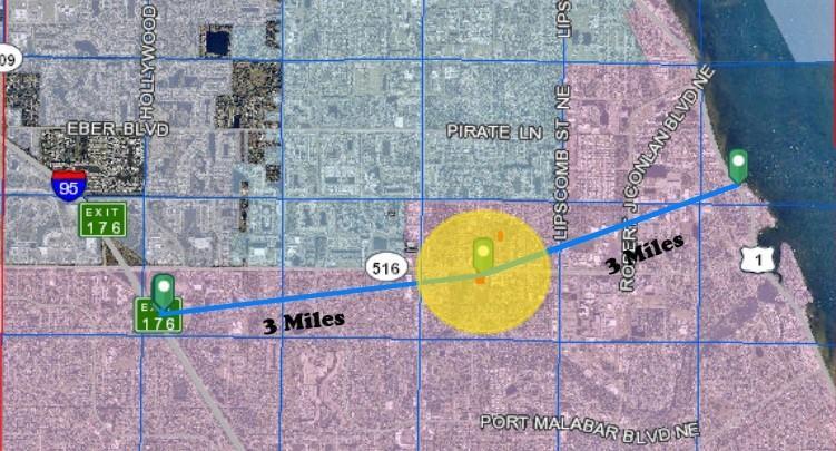 This map shows a three-mile radius around a highlighted location near Interstate 95 — 1922 NE Palm Bay Road, Palm Bay FL 32905, PALM BAY, FL