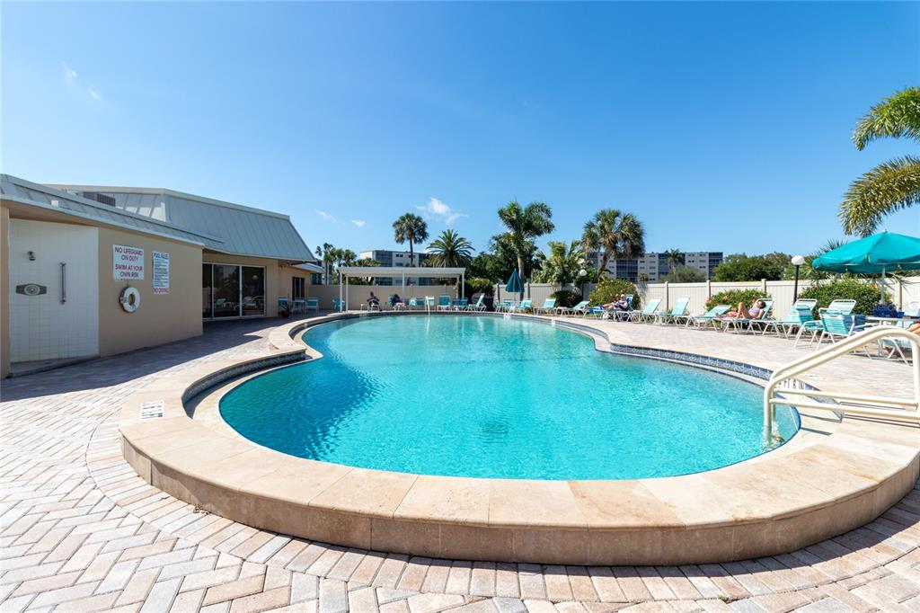 A kidney-shaped swimming pool sits on a paved patio next to a building with palm trees — 4480 IRONWOOD CIRCLE UNIT 309A, BRADENTON, FL