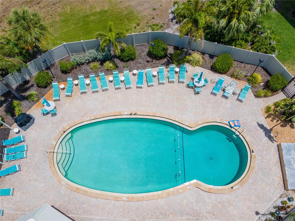 An aerial view shows a swimming pool with lounge chairs and tables on a patio — 4480 IRONWOOD CIRCLE UNIT 309A, BRADENTON, FL