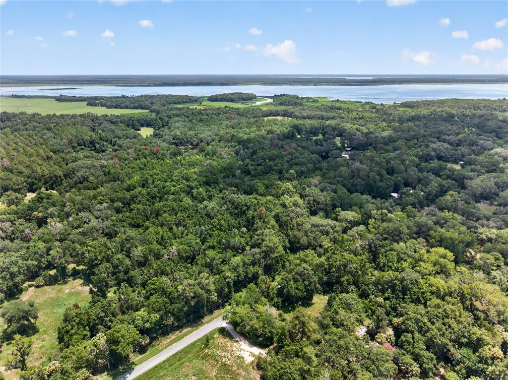 An aerial view shows a paved road bordering a dense forest with a lake beyond — 5725 NW 219TH STREET ROAD, MICANOPY, FL