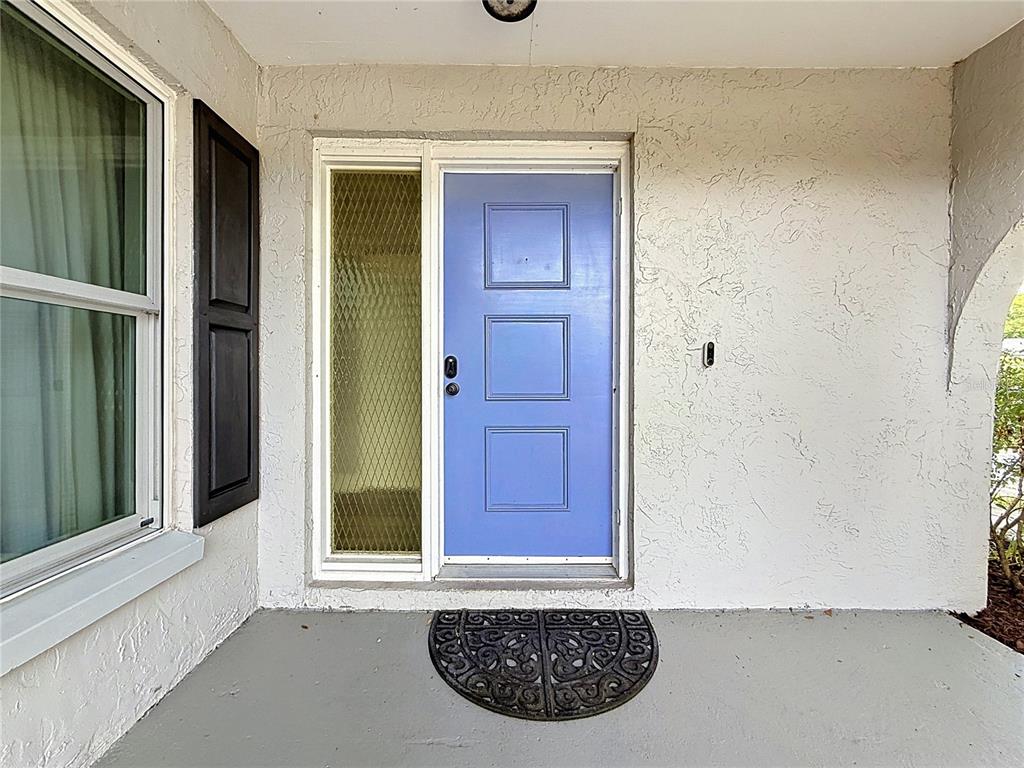 A blue front door with a side window and a black doormat on a porch — 1405 OVERCASH DRIVE, DUNEDIN, FL