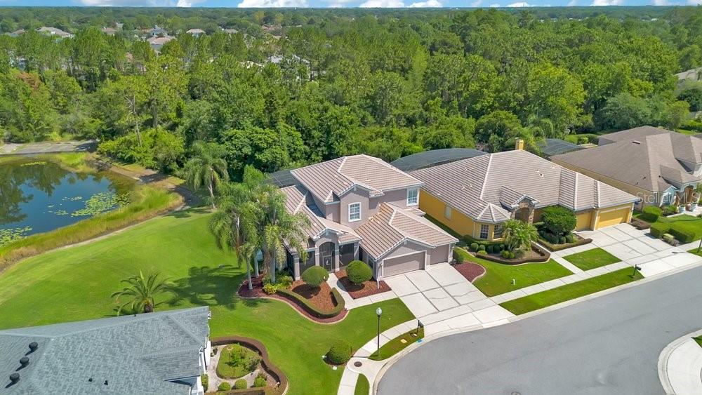 An aerial view shows two suburban houses with tile roofs situated near a small pond — 9211 SHADOW PINAR COURT, ORLANDO, FL