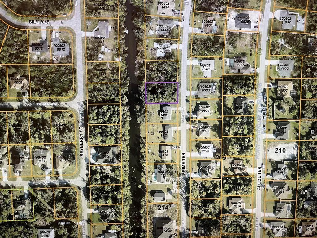 This is an aerial map showing residential lots and streets in a suburban neighborhood — LOT 31 PRIME TERRACE, NORTH PORT, FL