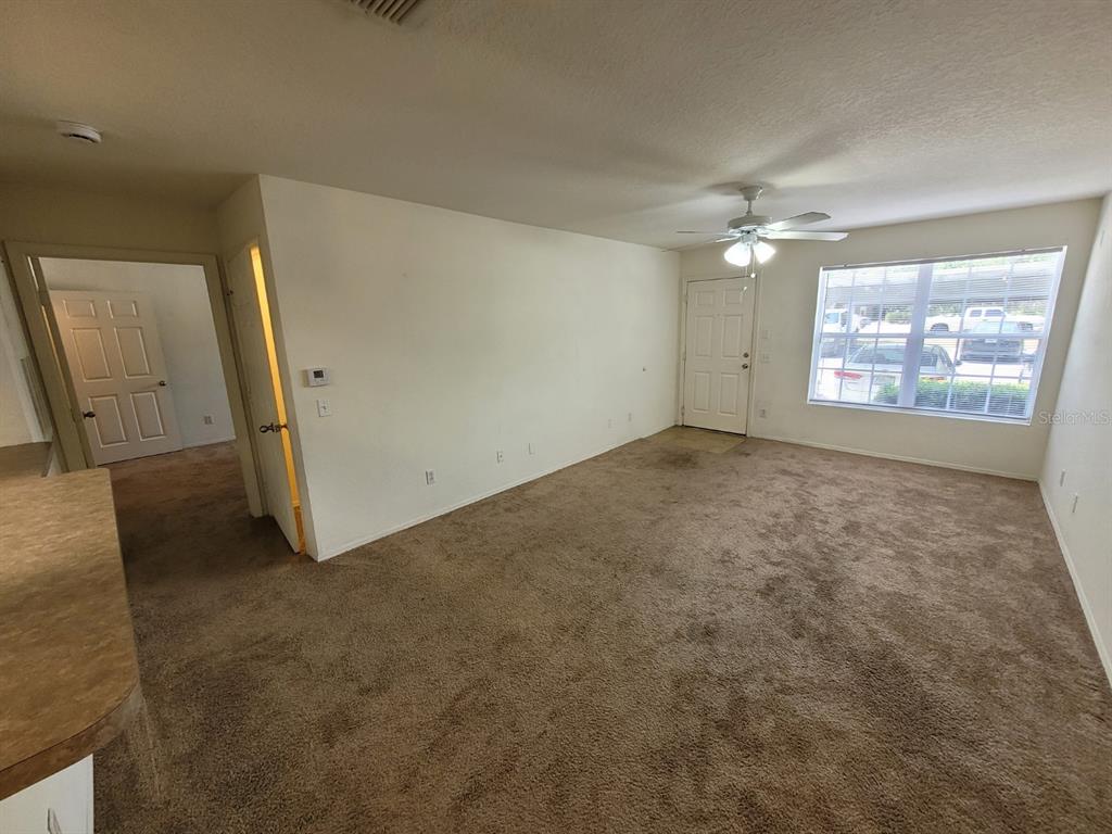 A carpeted living room features a ceiling fan, a window, and a doorway to another room — 5914 WILLOW RIDGE DRIVE UNIT 101, ZEPHYRHILLS, FL