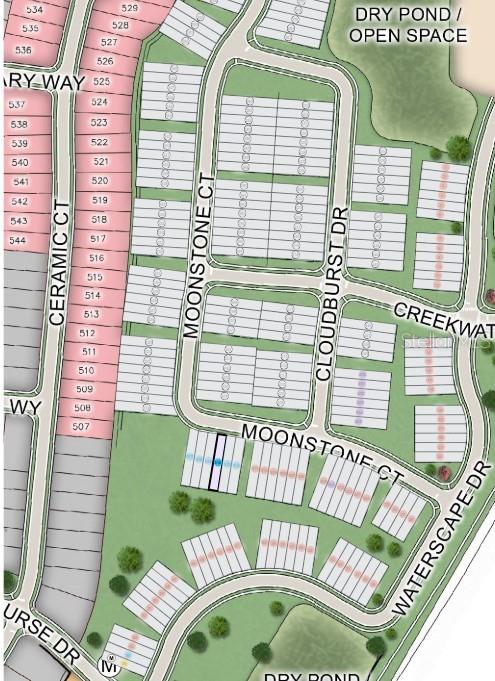 This is a site map showing residential lot layouts, streets, and green space areas — 539 MOONSTONE COURT, GROVELAND, FL