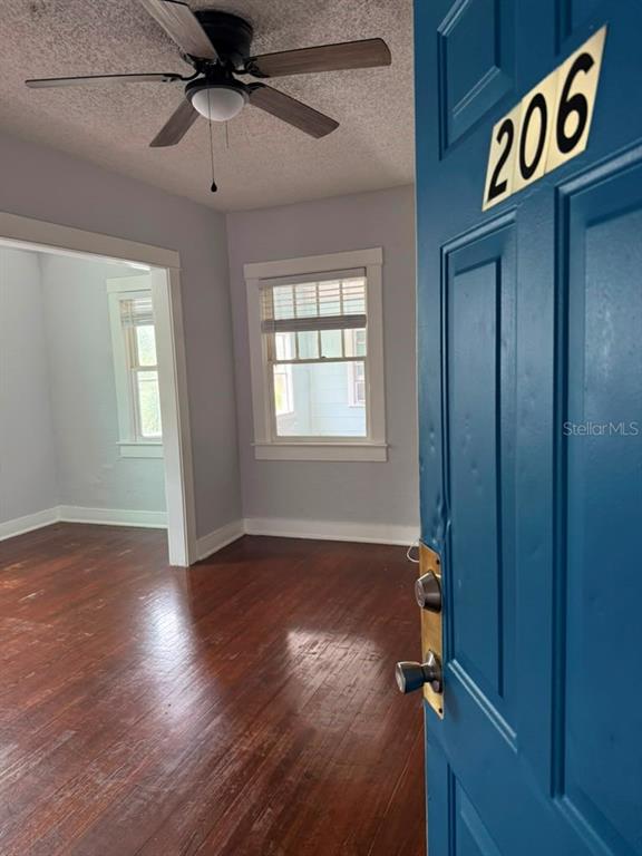 A view through a blue door into a room with hardwood floors and a ceiling fan — 308 GROVE STREET N, ST PETERSBURG, FL