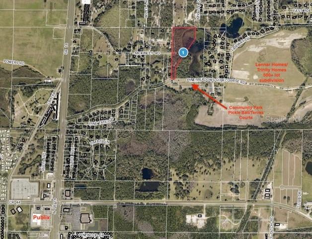 This is an aerial map showing a highlighted land parcel and nearby community landmarks — 16750 MCKINLEY AVENUE, EUSTIS, FL