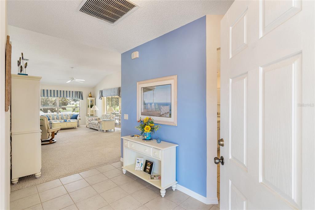 An entryway with tile flooring leads into a carpeted living room with blue accent walls — 17239 SE 84TH KNIGHT AVENUE, THE VILLAGES, FL