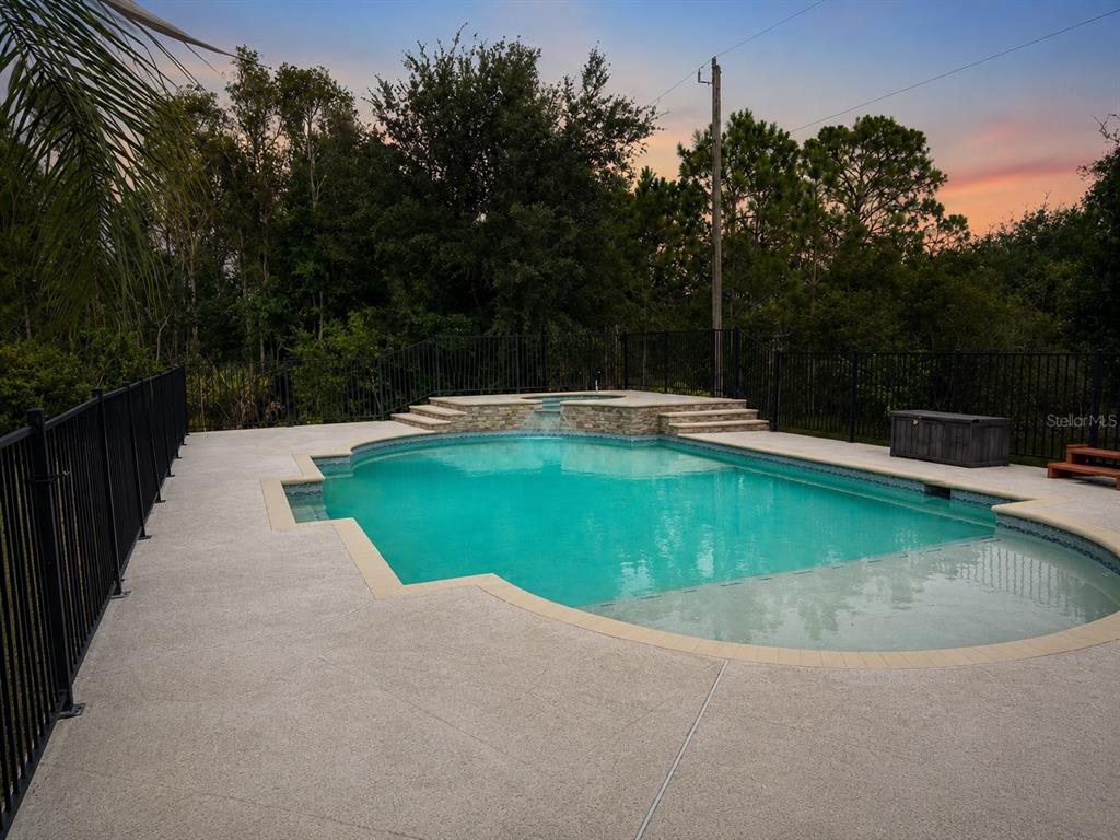A backyard swimming pool with a raised spa and waterfall feature enclosed by black fencing — 27349 ALOHA DRIVE, PUNTA GORDA, FL