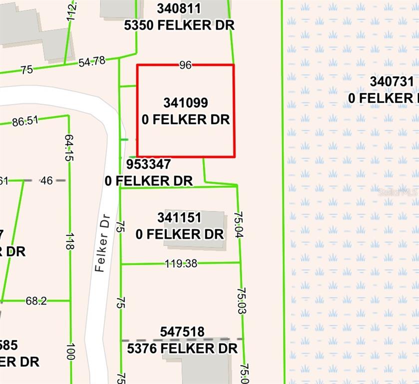 This image is a property map showing parcel boundaries and dimensions along Felker Drive — 5360 FELKER DRIVE, WEEKI WACHEE, FL